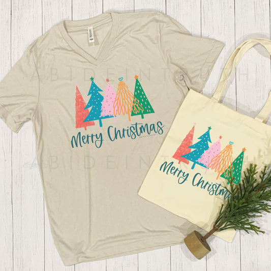 Merry Christmas - Colored Trees - V-Neck